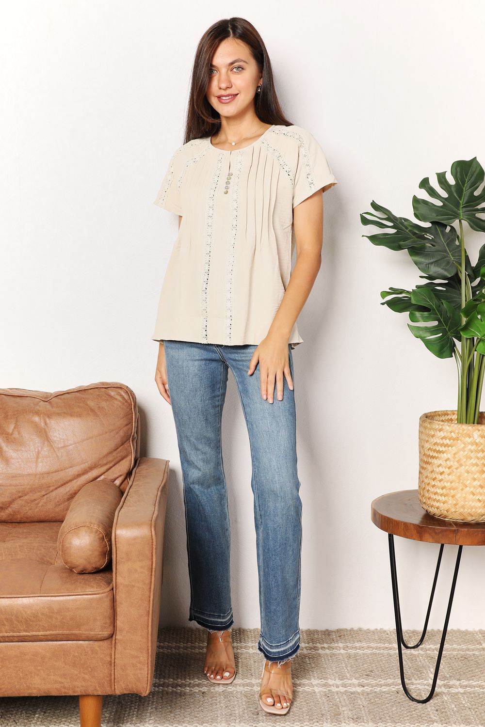 Double Take Crochet Buttoned Short Sleeves Top