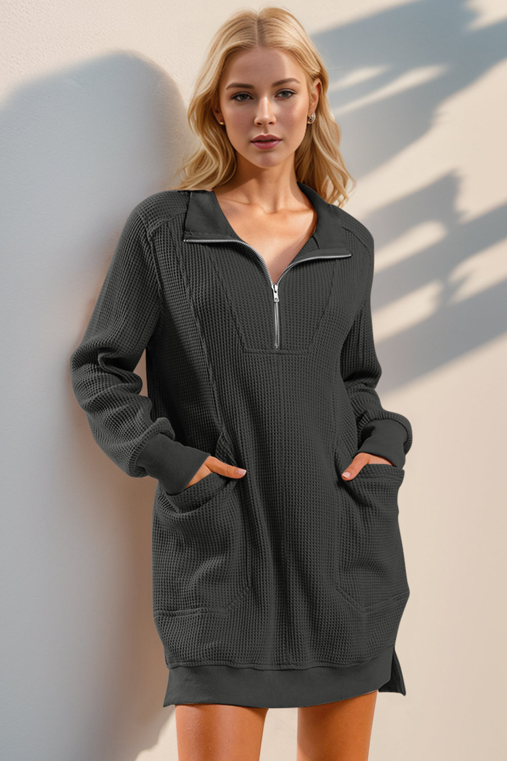 Double Take Waffle Long Sleeve Mini Dress with Pockets