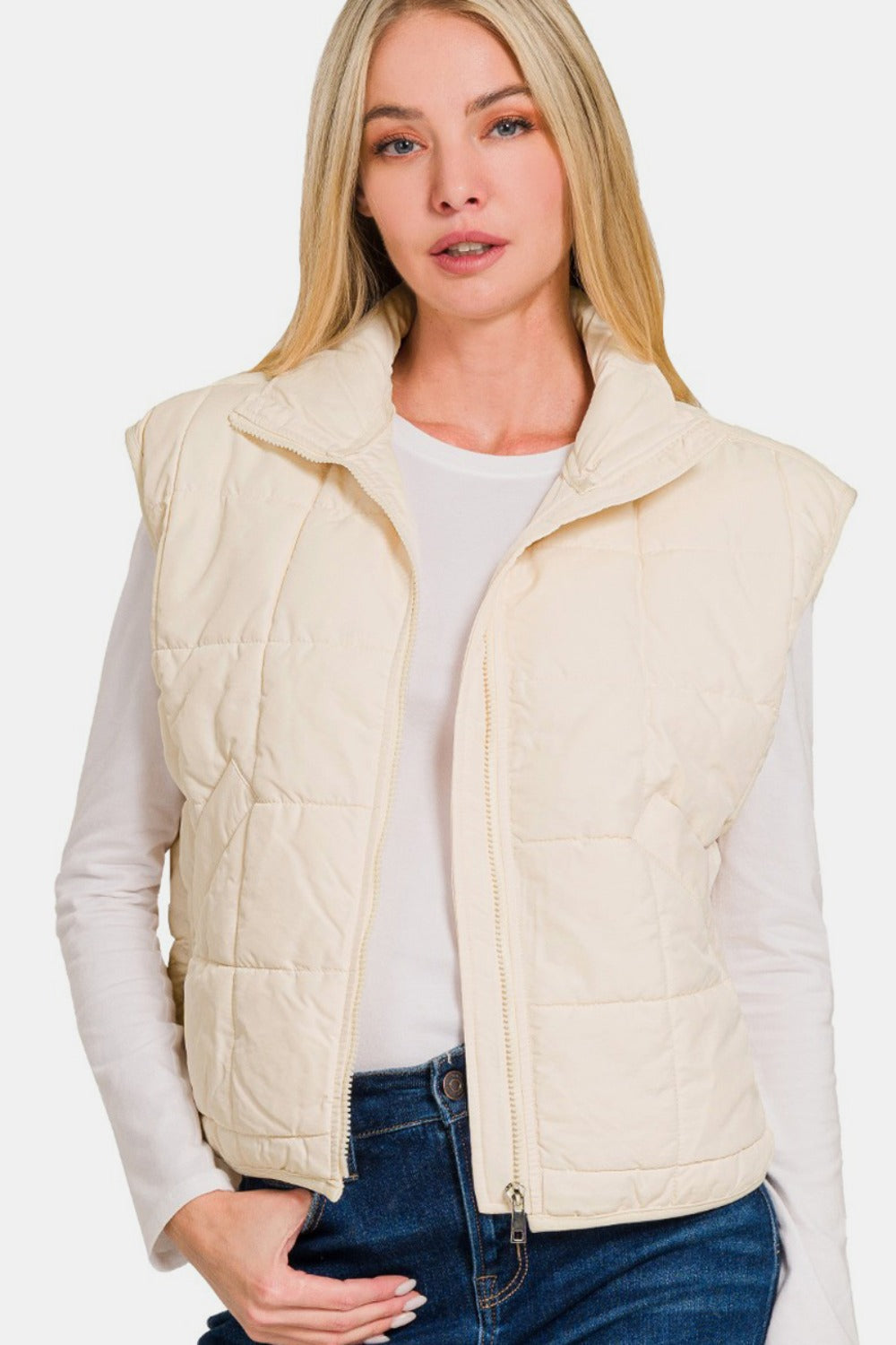 Zenana Zip Up Cropped Puffer Vest with Pockets