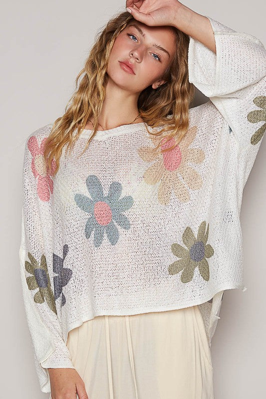 POL Flower Dropped Shoulder Long Sleeve Knit Top