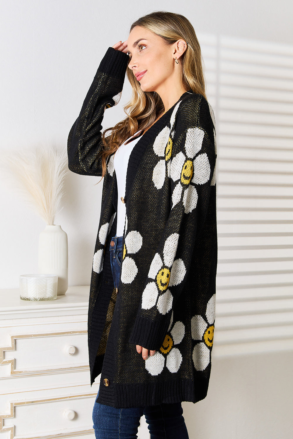 Perfee Floral Button Down Longline Cardigan