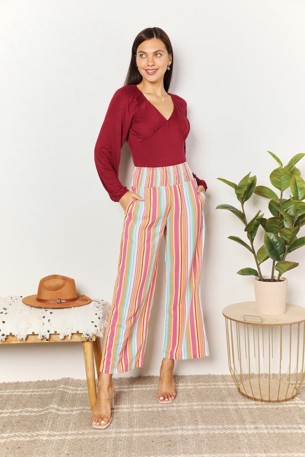 Double Take Striped Smocked Waist Pants with Pockets