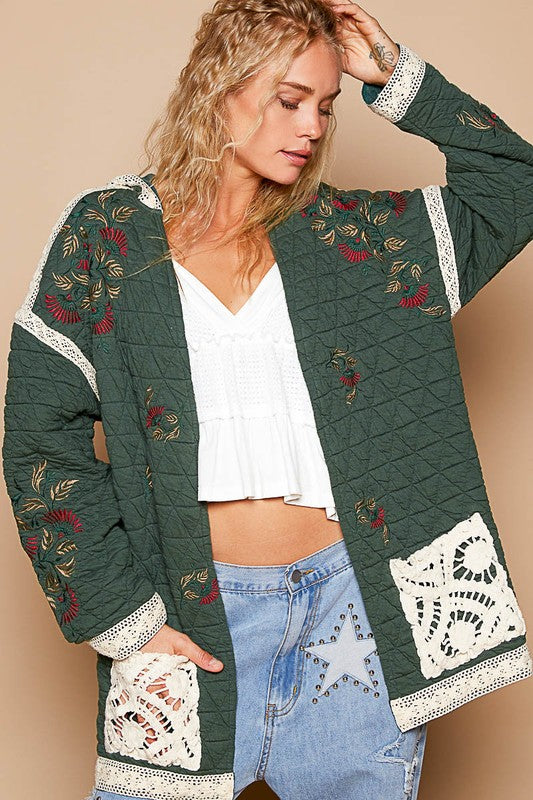 POL Embroidered Open Front Quilted Jacket with Crochet Pockets