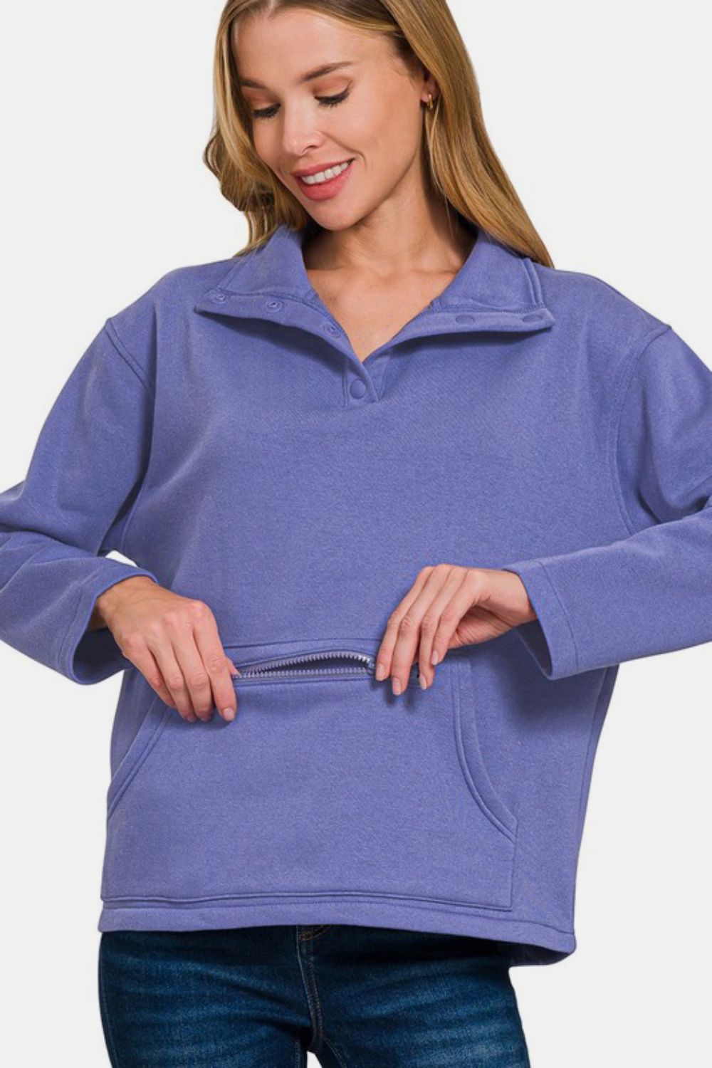 Zenana Turtleneck Half Snap Fleece Sweatshirt